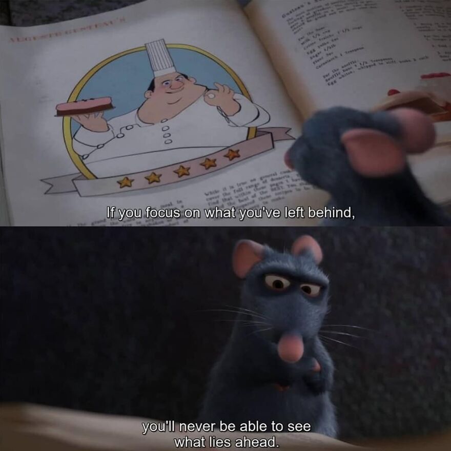 Animated rat reading a cookbook, pondering, with quote about moving forward; perfect for Movie-Quotes-Instagram-Best posts.