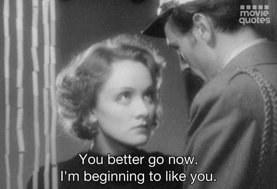 Black-and-white movie scene with quote overlay: "You better go now. I'm beginning to like you." Perfect for Movie-Quotes-Instagram-Best.