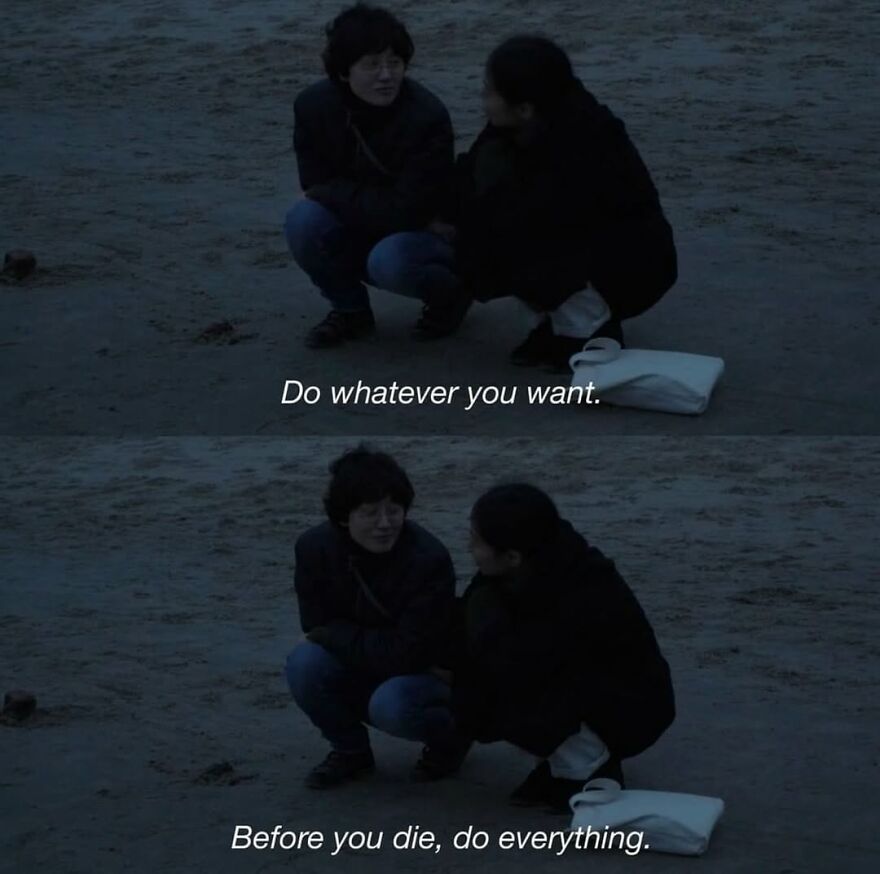 Two people sitting on a beach with inspirational movie quotes, "Do whatever you want. Before you die, do everything."