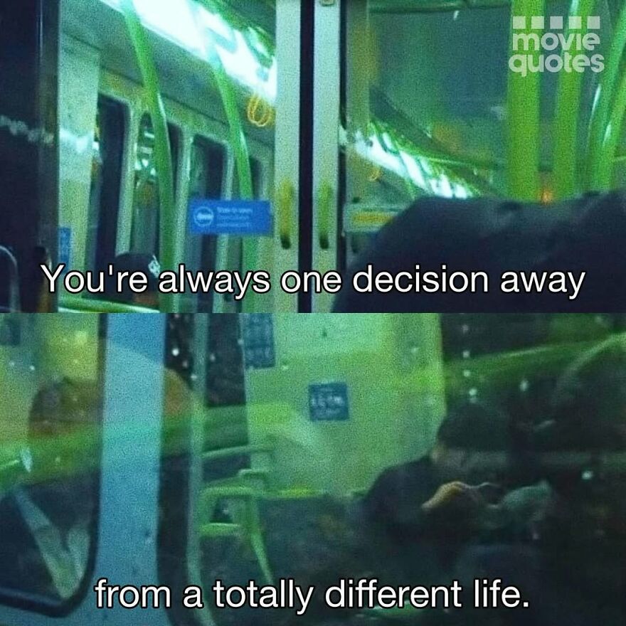 Subway scene with a motivational quote about making life-changing decisions, featuring "movie quotes" watermark.