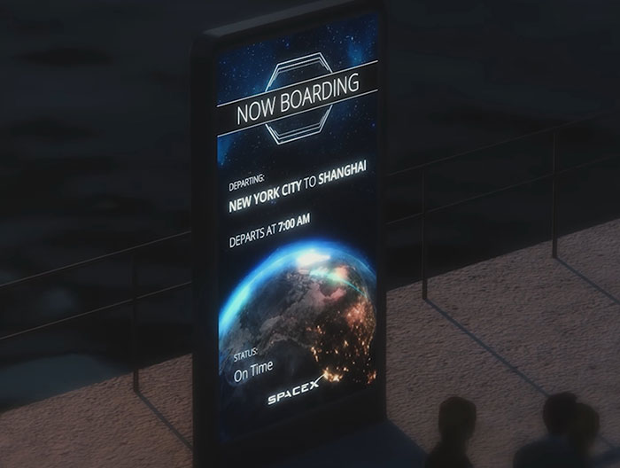 SpaceX boarding sign displaying New York to Shanghai departure information, featuring Earth imagery.