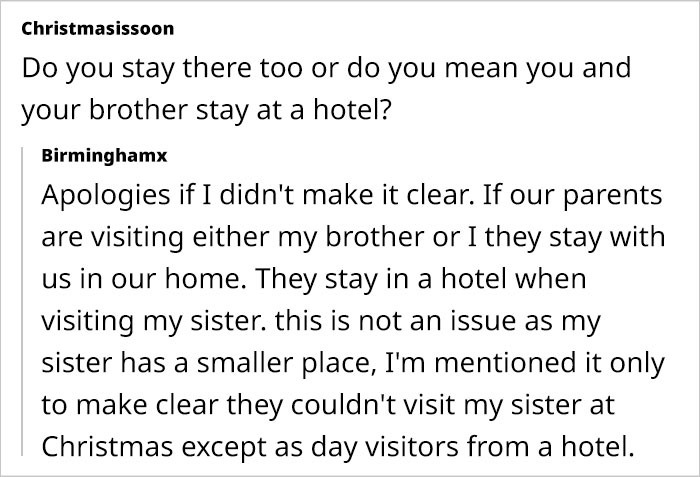 Text exchange about visiting arrangements for parents during Christmas, discussing staying at homes or hotels.