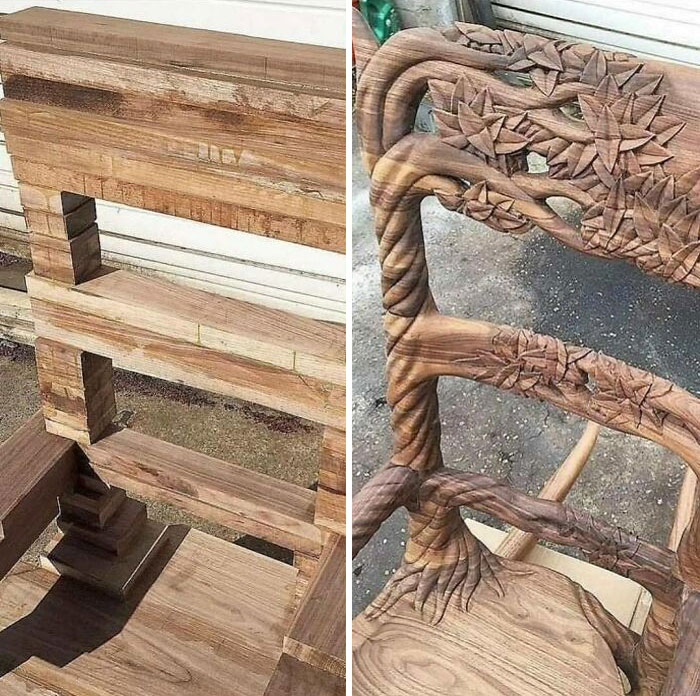 Restored wooden chair with intricate carvings, showcasing Old-Things-Restoration craftsmanship and detailed design work.