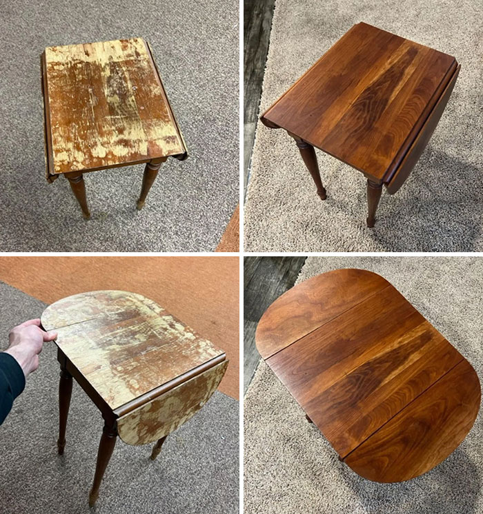 Restored wooden table showcasing old things restoration process, with before and after images of the tabletop transformation.