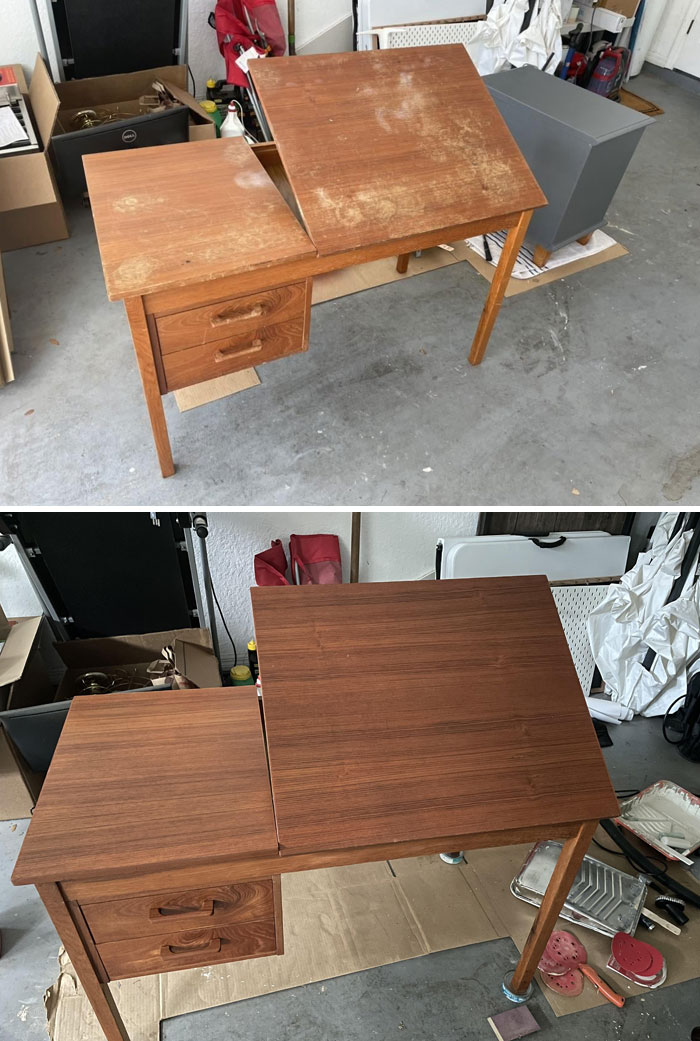 Restored wooden desk showing before and after restoration of old things.