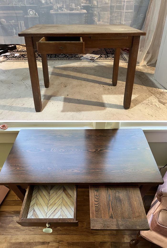 Restored wooden table with open drawers, showcasing old-things restoration before and after photos.