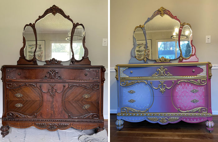 Restored antique dresser before and after, showcasing detailed woodwork and colorful paint transformation.