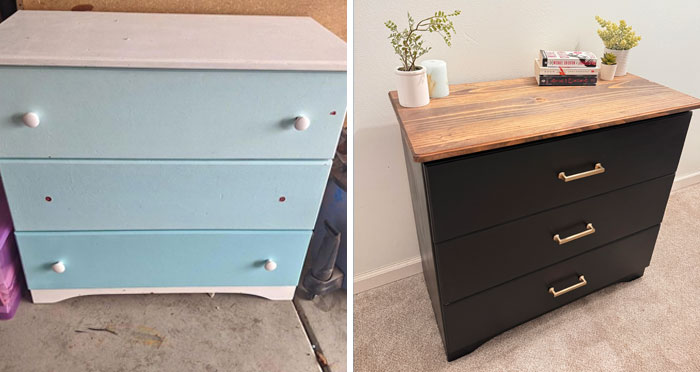 Old things restoration: A before-and-after of a dresser transformed from pale blue to stylish black with a wooden top.