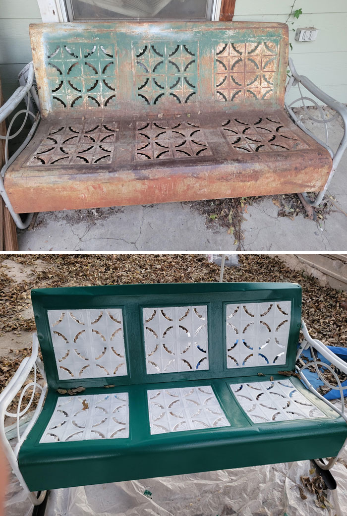 Restored vintage bench with a green and white finish, showcasing before and after transformation in old things restoration.