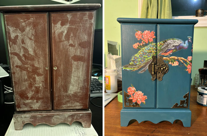 Old things restoration showing a wooden cabinet before and after refinishing with peacock and floral design.