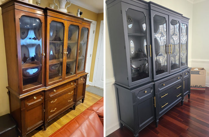 Old furniture restoration showing a wooden cabinet transformed with dark paint, highlighting before and after views.