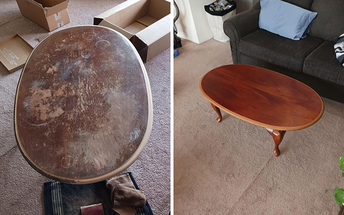 Before and after of a table restoration showing a worn-out surface transformed into a polished finish.