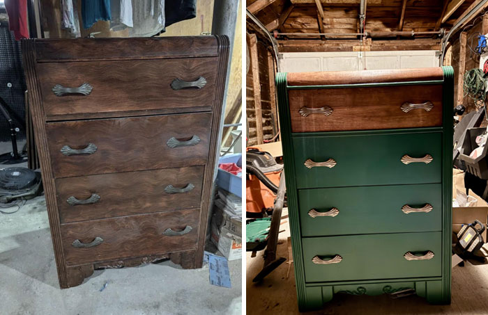 Restored dresser showcasing old-things restoration: original on left, refurbished with green and brown finish on right.