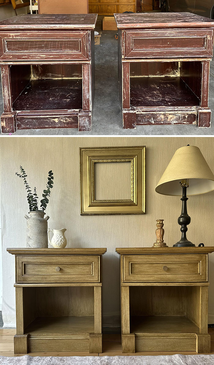 Restored antique furniture with drawers, before and after restoration, showcasing Old-Things-Restoration craftsmanship.