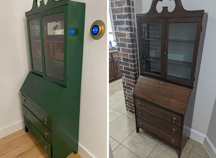 Restored vintage cabinet with glass doors, showing before and after transformation of an old piece.