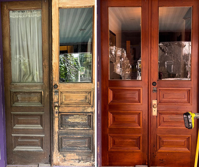 Before and after of door restoration, showcasing transformation of old wooden doors.