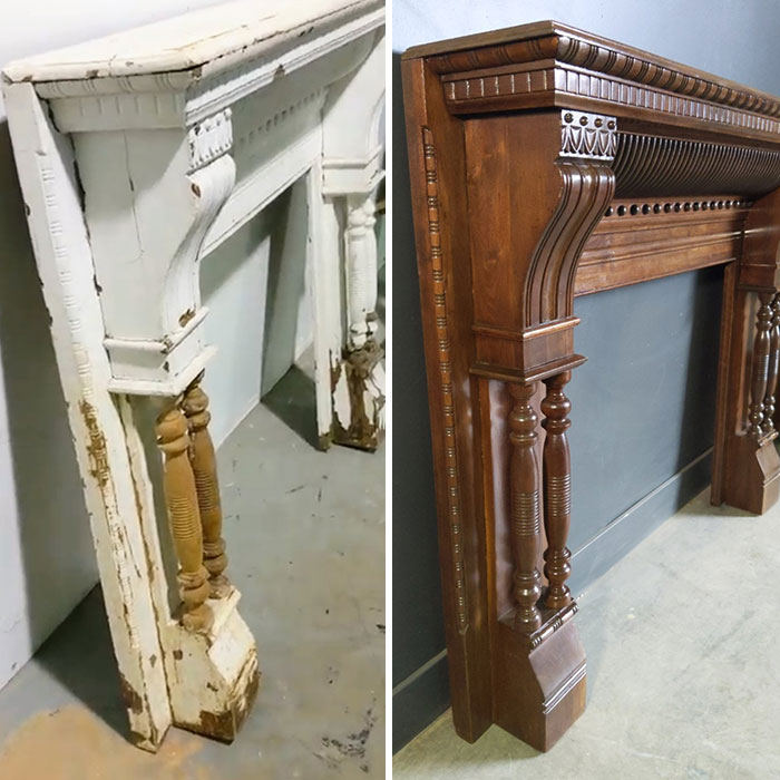 Old things restoration of a wooden fireplace mantel, before and after repair, showcasing significant transformation.