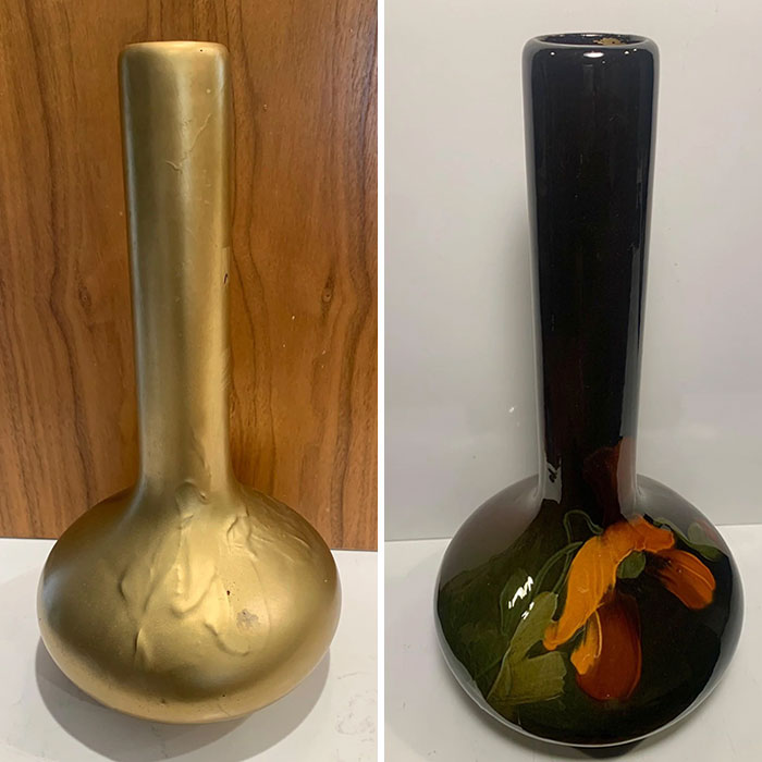 Restored old vase, before and after; from plain gold to glossy black with floral design in Old-Things-Restoration.