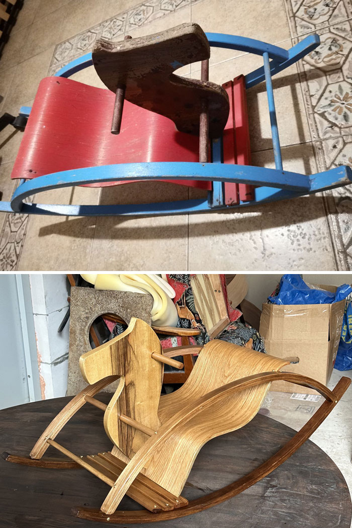 Old things restoration of a child's rocking chair, showing a transformation from worn-out to beautifully restored condition.