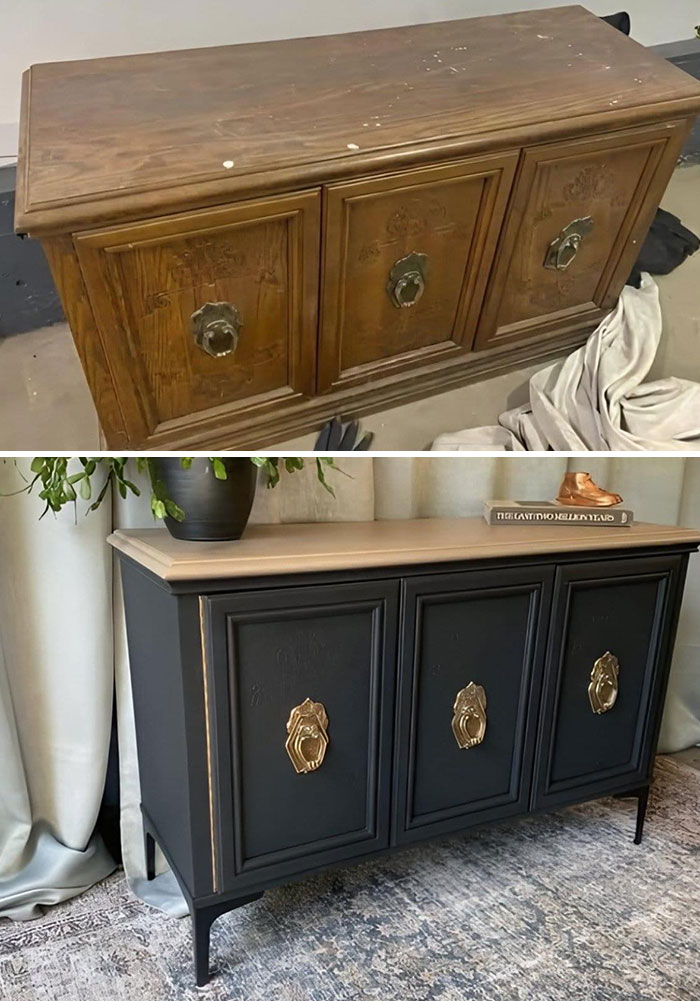 Before and after of restored furniture showing polished wood and improved design.