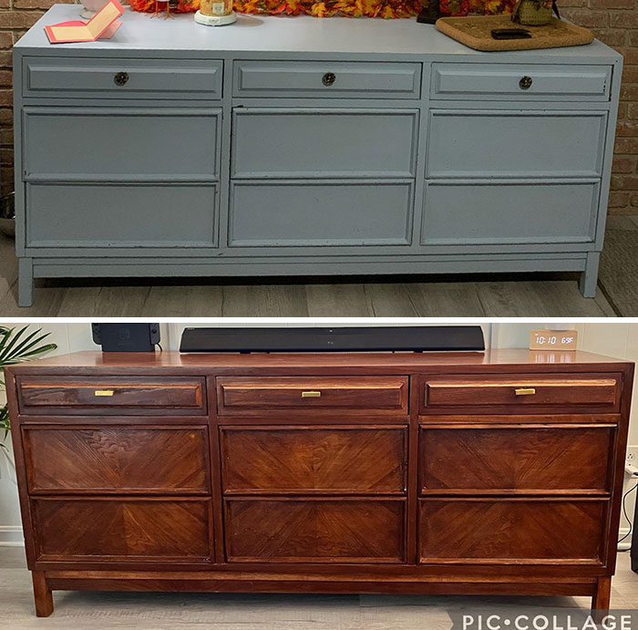 Old furniture restoration showcasing a gray to rich wood transformation in two dressers.