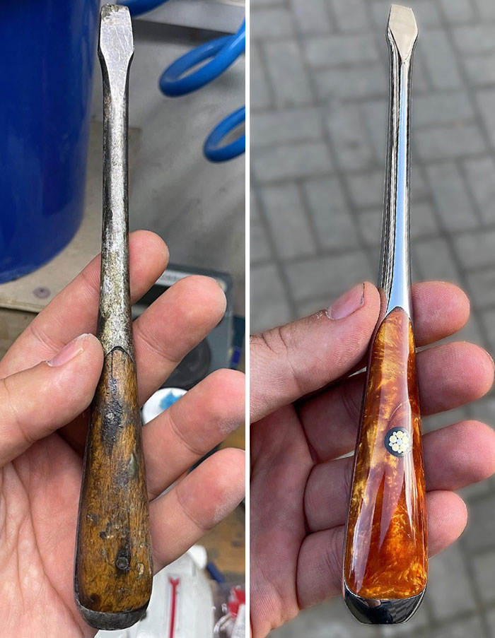 Restored tool with a polished handle, showcasing old things restoration transformation.