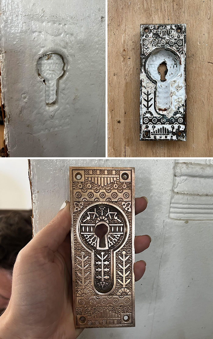 Restoration of an old decorative keyhole escutcheon, showing three stages: original, worn, and restored.