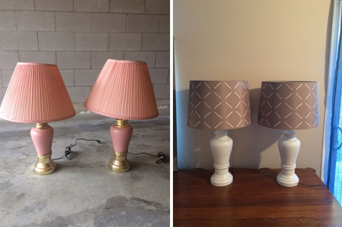 Old things restoration: two lamps before and after transformation from pink to elegant white with patterned shades.