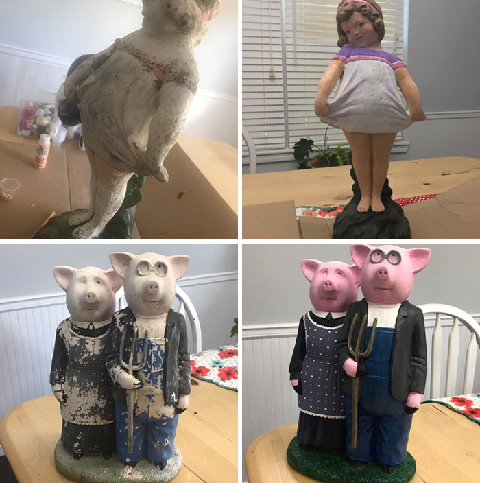 Restored vintage figurines, including pigs and a girl, showcasing old things restoration work on a wooden table.