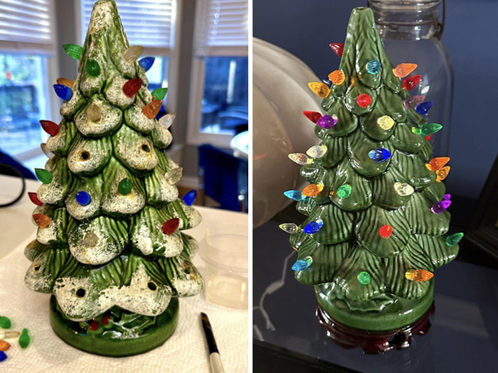 Ceramic Christmas tree before and after old things restoration, showing colorful lights.