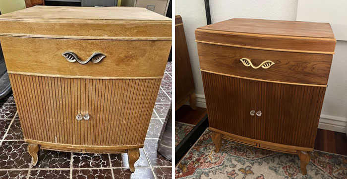 Before and after comparison of a restored vintage cabinet, highlighting old-things restoration results.