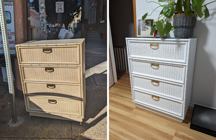 Old dresser restoration: Before and after transformation showing newly painted white finish.