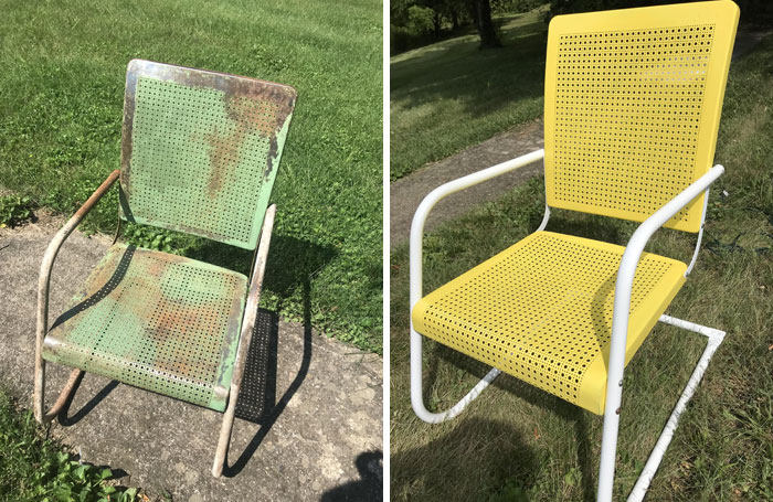 Restored metal chair transformation with fresh yellow paint, highlighting old-things restoration.