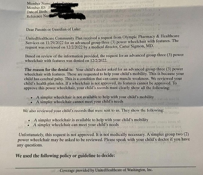 Letter showing UnitedHealthcare insurance claim denial for an advanced power wheelchair.