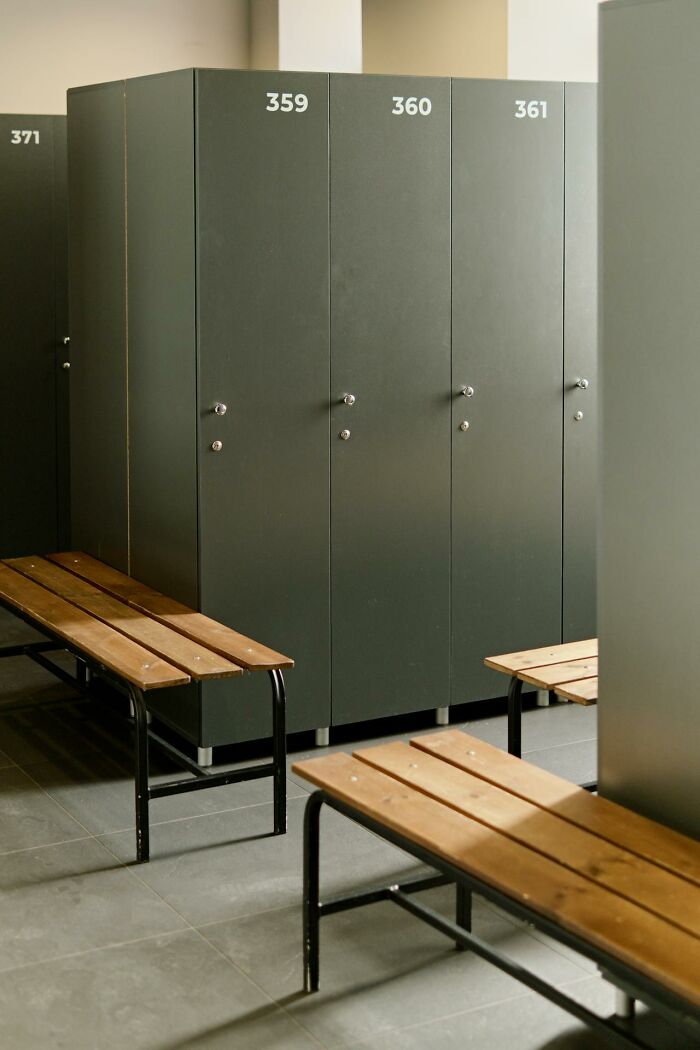 Casino employee lockers and benches in a staff area, showcasing behind-the-scenes aspects.