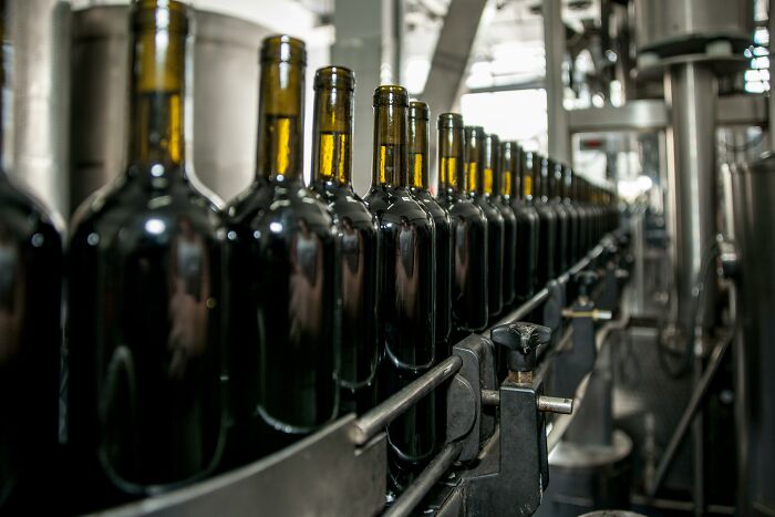 Bottling line in a factory, showcasing rows of green glass bottles in an industrial setting.