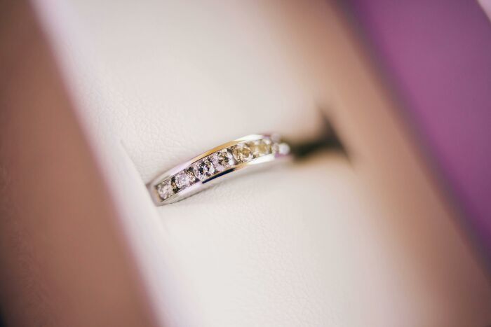 Close-up of a diamond ring resting in a box.