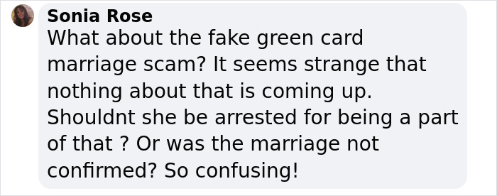 Social media comment questioning fake green card marriage in response to Hannah Kobayashi's healing journey.