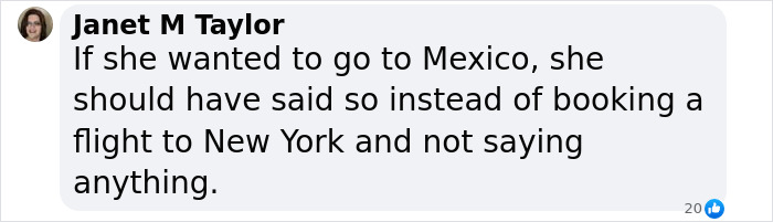 Text message from Janet M Taylor about a booked flight to New York instead of Mexico.