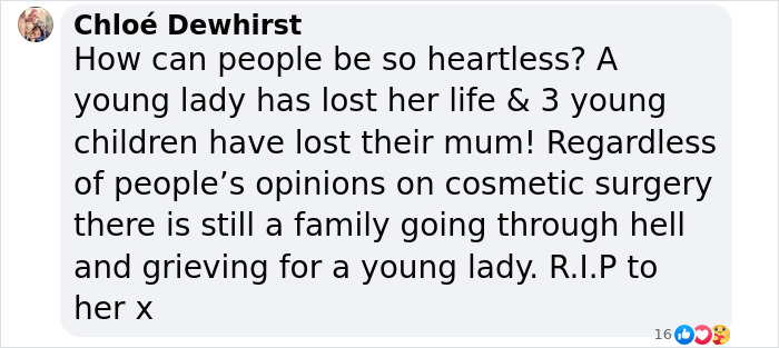 Comment expressing grief over BBL surgery tragedy and its impact on a young mom\'s family.