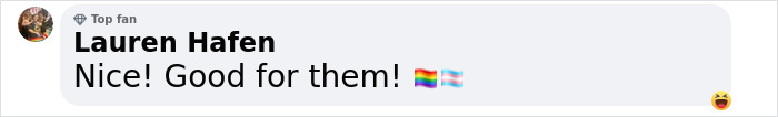 Comment saying "Nice! Good for them!" with pride and trans flags, related to Oppenheimer star.