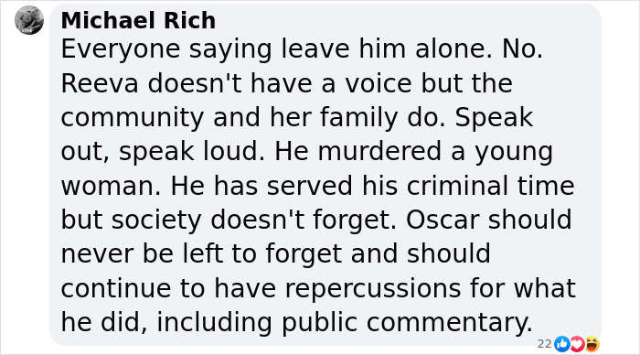 Social media comment about Oscar Pistorius, addressing public opinion on Reeva Steenkamp homicide and ongoing repercussions.