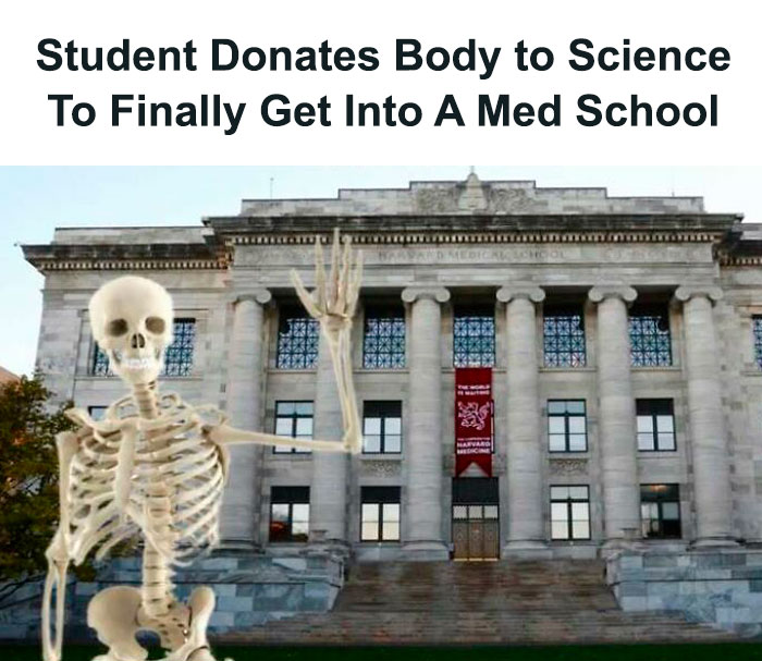 Skeleton waving in front of a medical school building, humorously captioned about science and med school.