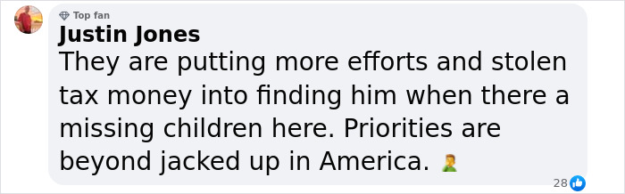 Screenshot of a comment criticizing American priorities, mentioning effort and money spent on finding the UnitedHealthcare CEO's assassin.