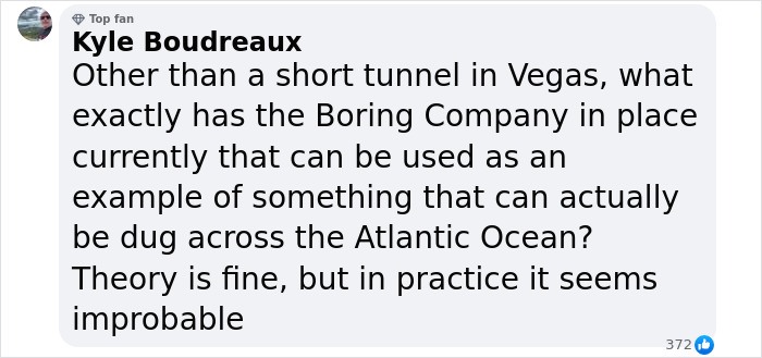 Text expressing skepticism about the feasibility of Elon Musk\'s $20 billion tunnel project for 54-minute travel London-New York.