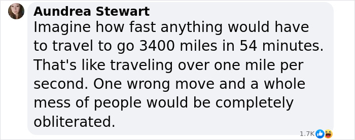 Comment on 54-minute London to New York tunnel travel concept, highlighting the speed needed for such a journey.