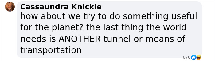 Comment questioning the need for a new transportation tunnel related to Elon Musk\'s London to New York project.