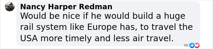 Social media comment about building a rail system, related to Elon Musk\'s tunnel project for quicker travel.