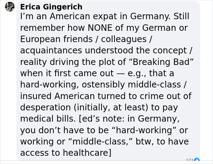 Text post by Erica Gingerich discusses cultural perceptions of healthcare and desperation as seen in "Breaking Bad.