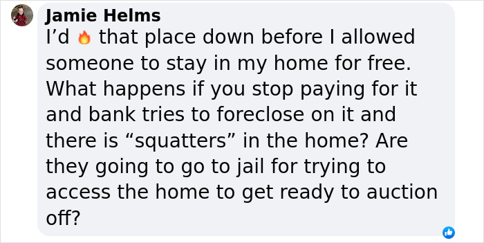 Comment discussing reclaiming a home from a squatter, questioning legal outcomes and rights if squatters reside there.